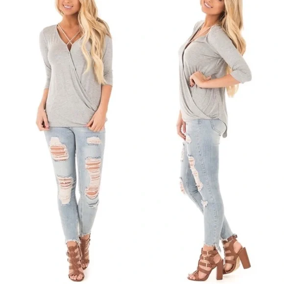 Strappy Cross Front High Low Super Soft 3/4 Sleeve Knit Top - Picture 2 of 8